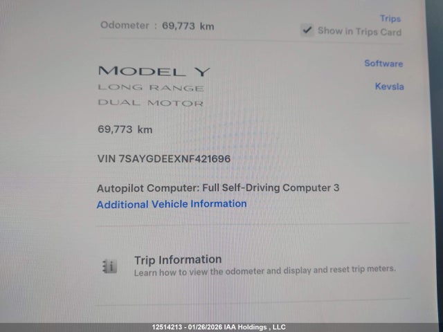 Aukcja sprzedaży 2022 Tesla Model Y, vin: 7SAYGDEEXNF421696, numer aukcji: 12514213