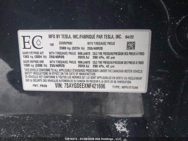 Aukcja sprzedaży 2022 Tesla Model Y, vin: 7SAYGDEEXNF421696, numer aukcji: 12514213