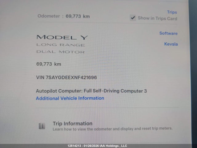 Aukcja sprzedaży 2022 Tesla Model Y, vin: 7SAYGDEEXNF421696, numer aukcji: 12514213