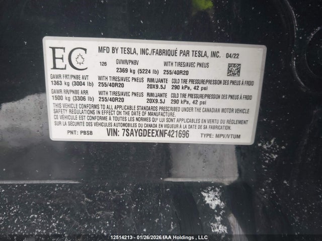 Aukcja sprzedaży 2022 Tesla Model Y, vin: 7SAYGDEEXNF421696, numer aukcji: 12514213