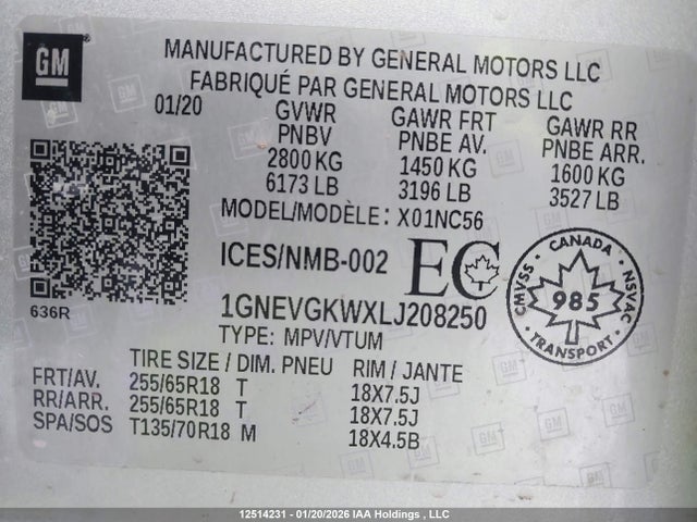 1GNEVGKWXLJ208250 Chevrolet Traverse Lt