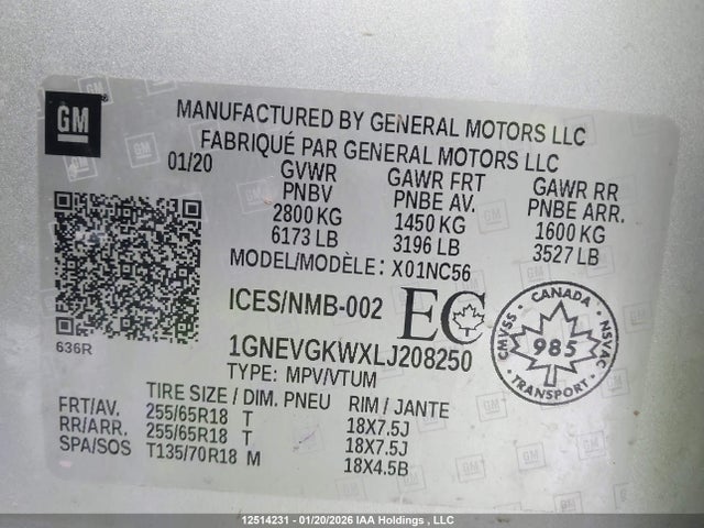 1GNEVGKWXLJ208250 Chevrolet Traverse Lt