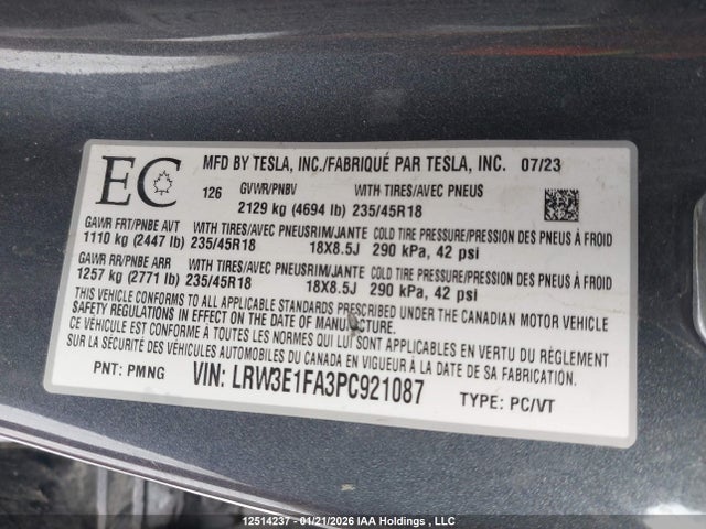 Продажа на аукционе авто 2023 Tesla Model 3 Rwd, vin: LRW3E1FA3PC921087, номер лота: 12514237