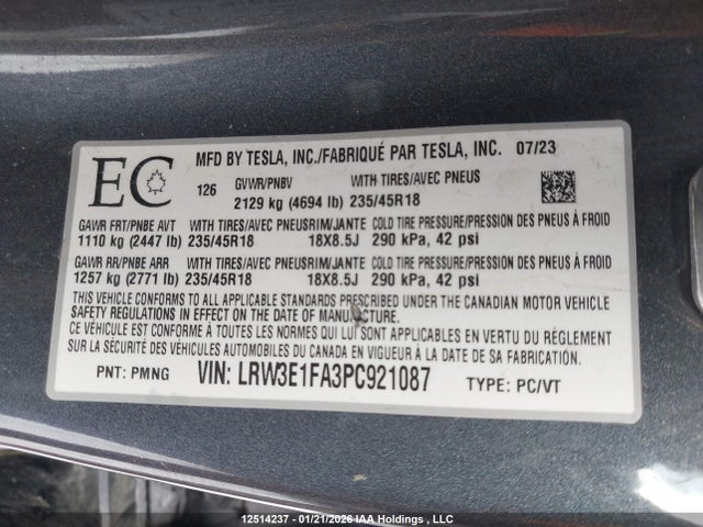 Продажа на аукционе авто 2023 Tesla Model 3 Rwd, vin: LRW3E1FA3PC921087, номер лота: 12514237