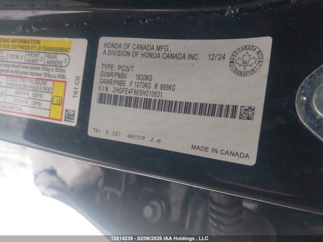 Продаж на аукціоні авто 2025 Honda Civic Hybrid Sport/sport Touring, vin: 2HGFE4F86SH010631, номер лоту: 12514239