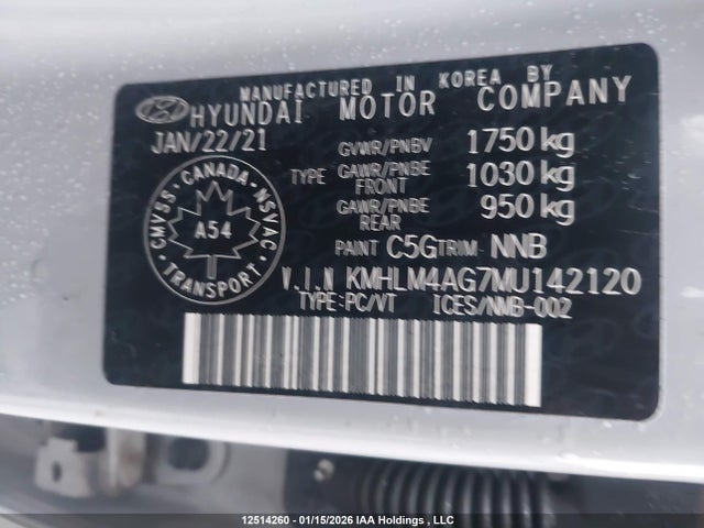 KMHLM4AG7MU142120 Hyundai Elantra Preferred Ivt With Sun And Tech Package