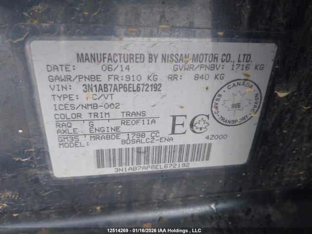 3N1AB7AP6EL672192 Nissan Sentra 1.8 S/1.8 Sl/1.8 Sr/1.8 Sv