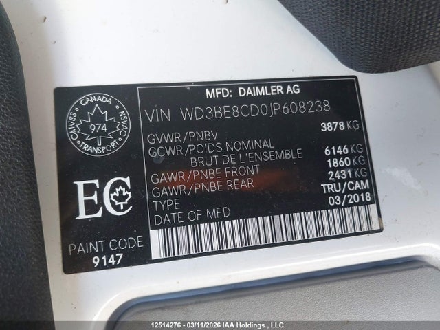 12514276 :رقم المزاد ، WD3BE8CD0JP608238 vin ، 2018 Mercedes-benz Sprinter 2500 مزاد بيع