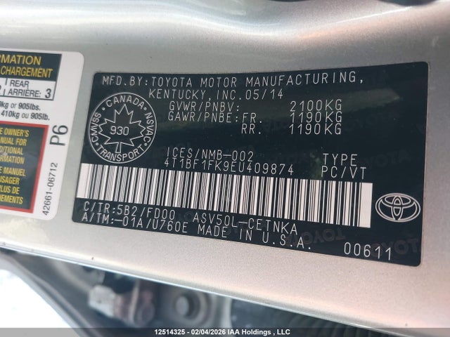 12514325 :رقم المزاد ، 4T1BF1FK9EU409874 vin ، 2014 Toyota Camry Le مزاد بيع