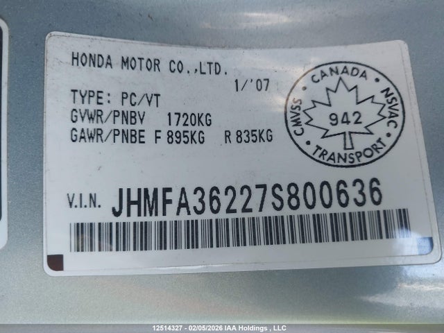 12514327 :رقم المزاد ، JHMFA36227S800636 vin ، 2007 Honda Civic Hybrid مزاد بيع