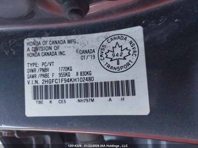 Honda Civic 2019 2HGFC1F94KH102480 Image 9