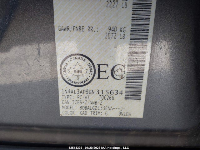 1N4AL3AP9GN315634 Nissan Altima 2.5/s/sv/sl/sr