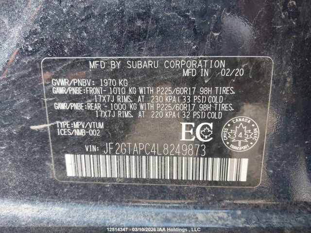 Aukcja sprzedaży 2020 Subaru Crosstrek Touring, vin: JF2GTAPC4L8249873, numer aukcji: 12514347