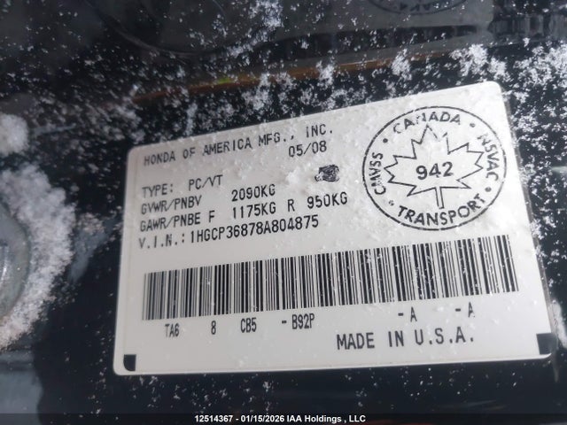 12514367 :رقم المزاد ، 1HGCP36878A804875 vin ، 2008 Honda Accord Exl مزاد بيع