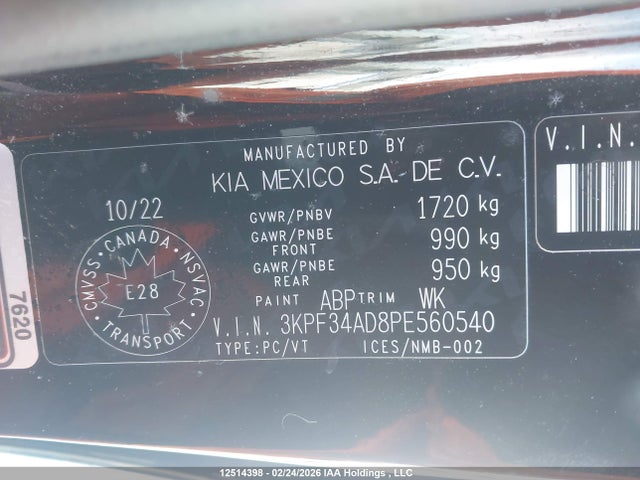 12514398 :رقم المزاد ، 3KPF34AD8PE560540 vin ، 2023 Kia Forte Ex/ex Premium/ex+/gt-line مزاد بيع
