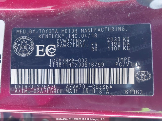 4T1B11HK7JU616799 Toyota Camry L/le/xle/se/xse