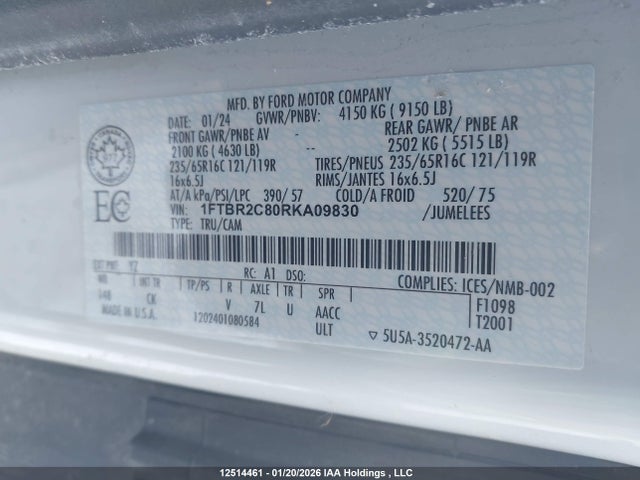 12514461 :رقم المزاد ، 1FTBR2C80RKA09830 vin ، 2024 Ford Transit T-250 مزاد بيع