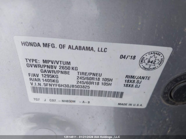 5FNYF6H30JB503825 Honda Pilot Ex