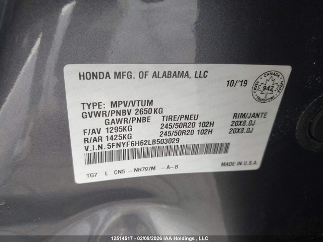 12514517 :رقم المزاد ، 5FNYF6H62LB503029 vin ، 2020 Honda Pilot Touring مزاد بيع