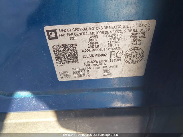 3GNAXWEU2KL194509 Chevrolet EQUINOX LT