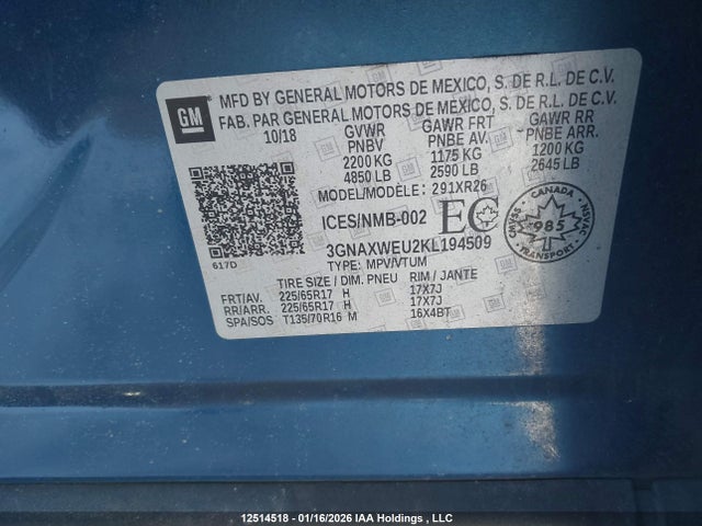 3GNAXWEU2KL194509 Chevrolet EQUINOX LT