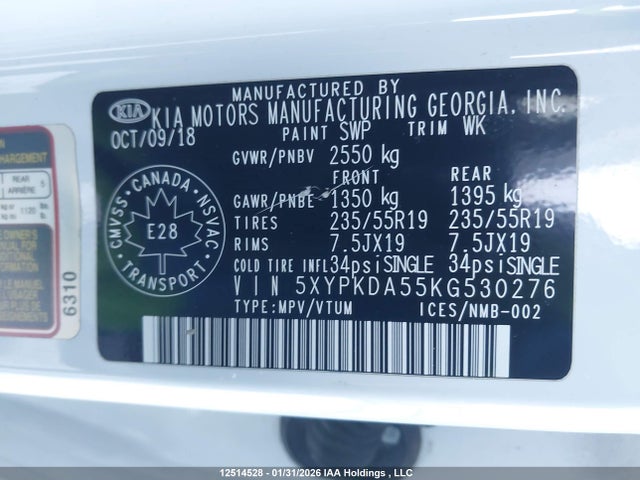 5XYPKDA55KG530276 KIA Sorento 3.3l Sx/3.3l Sxl