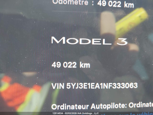 5YJ3E1EA1NF333063 Tesla Model 3 Rwd/standard Range