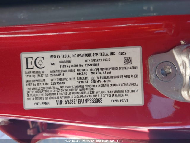 5YJ3E1EA1NF333063 Tesla Model 3 Rwd/standard Range