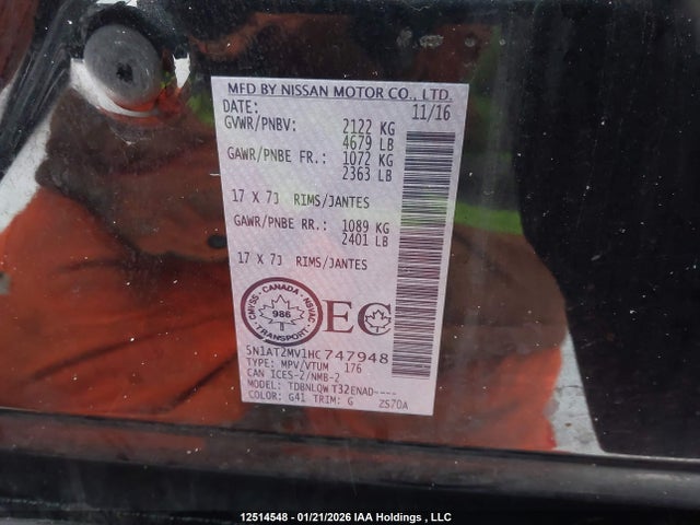 5N1AT2MV1HC747948 Nissan Rogue S/sl Platinum/sv