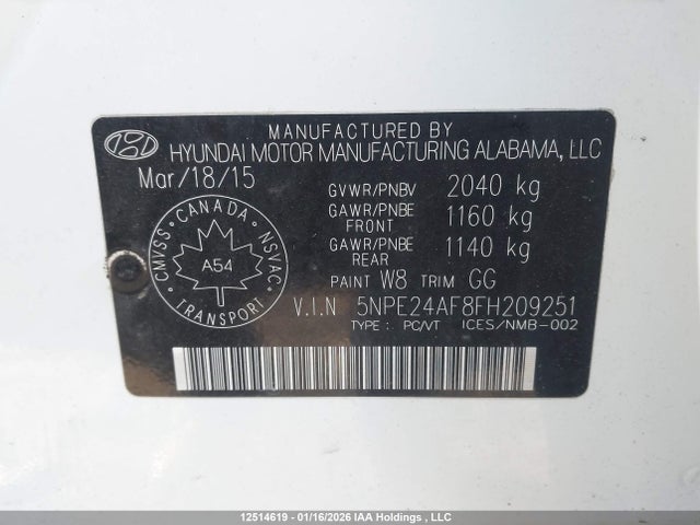 5NPE24AF8FH209251 Hyundai SONATA GLS