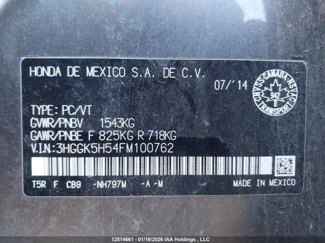 3HGGK5H54FM100762 Honda FIT LX