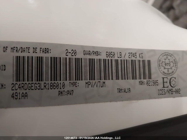 Aukcja sprzedaży 2020 Dodge Grand Caravan Gt, vin: 2C4RDGEG3LR186010, numer aukcji: 12514673