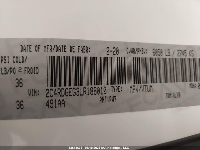 Aukcja sprzedaży 2020 Dodge Grand Caravan Gt, vin: 2C4RDGEG3LR186010, numer aukcji: 12514673