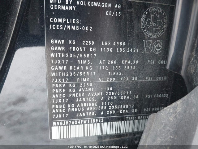 WVGJV7AX4FW115972 Volkswagen Tiguan Comfortline/highline/special Edition/trendline