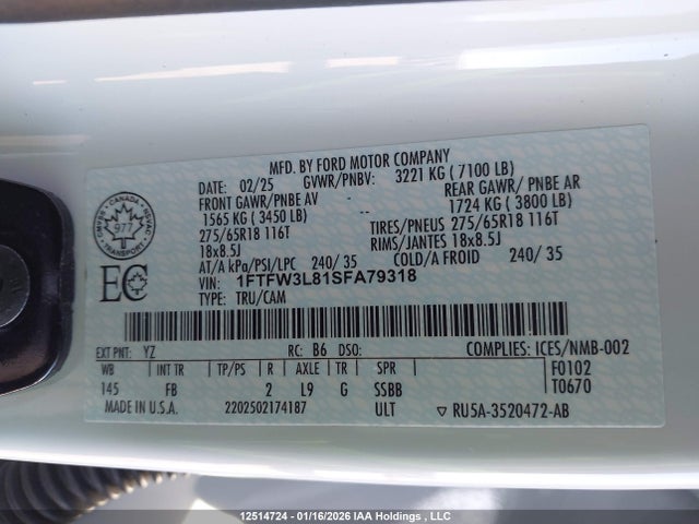1FTFW3L81SFA79318 Ford F150 Xlt