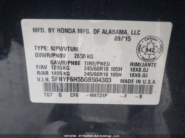 5FNYF6H55GB504303 Honda PILOT EXL