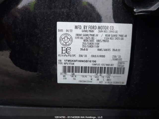 Продажа на аукционе авто 2022 Ford Explorer Limited, vin: 1FMSK8FH6NGB16196, номер лота: 12514783
