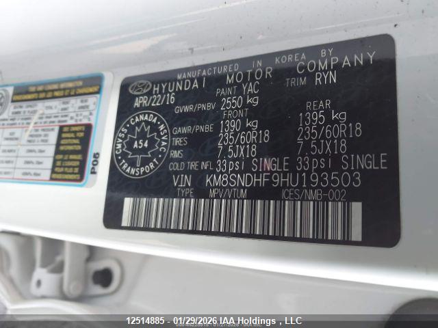 KM8SNDHF9HU193503 Hyundai Santa Fe Se/limited