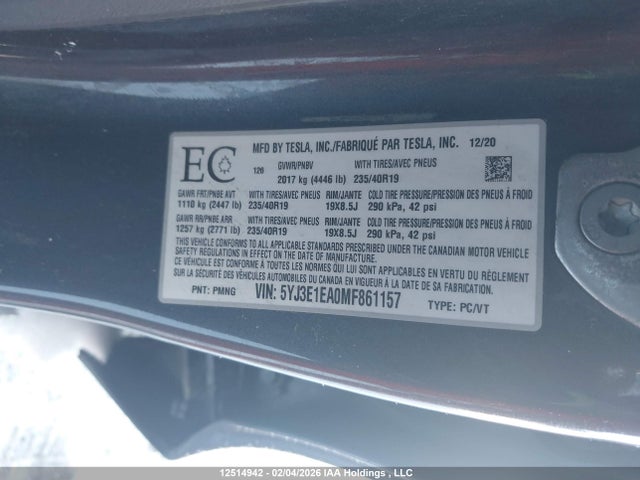 5YJ3E1EA0MF861157 Tesla MODEL 3