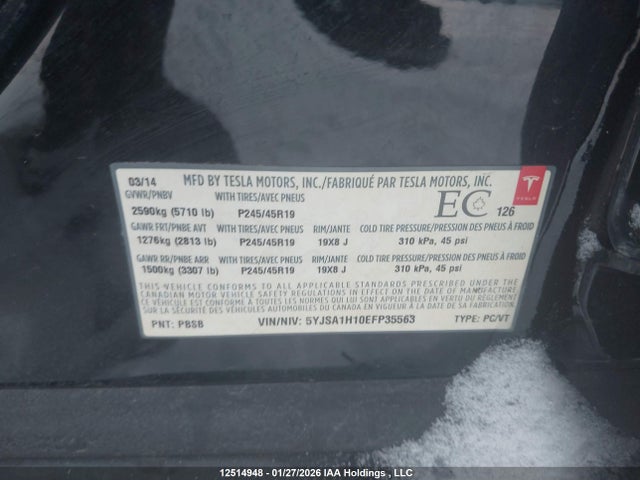 12514948 :رقم المزاد ، 5YJSA1H10EFP35563 vin ، 2014 Tesla Model S مزاد بيع