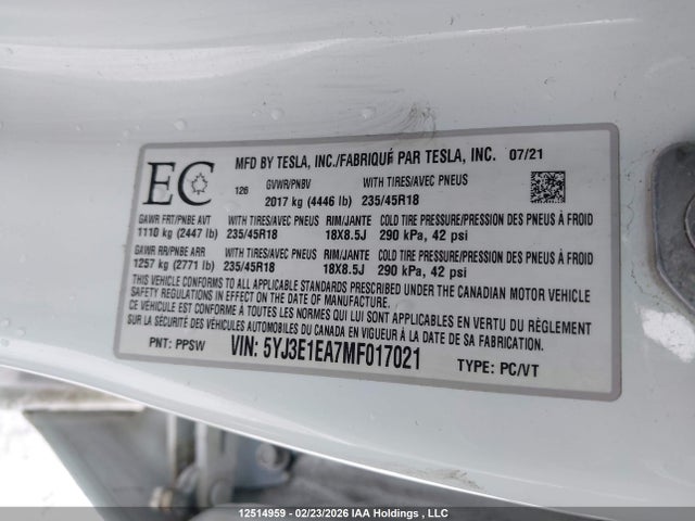 12514959 :رقم المزاد ، 5YJ3E1EA7MF017021 vin ، 2021 Tesla Model 3 مزاد بيع