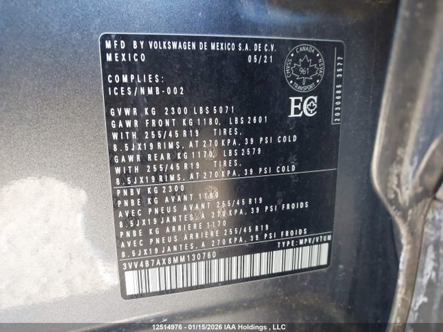 Продажа на аукционе авто 2021 Volkswagen Tiguan Sel Premium R-line, vin: 3VV4B7AX8MM130760, номер лота: 12514976