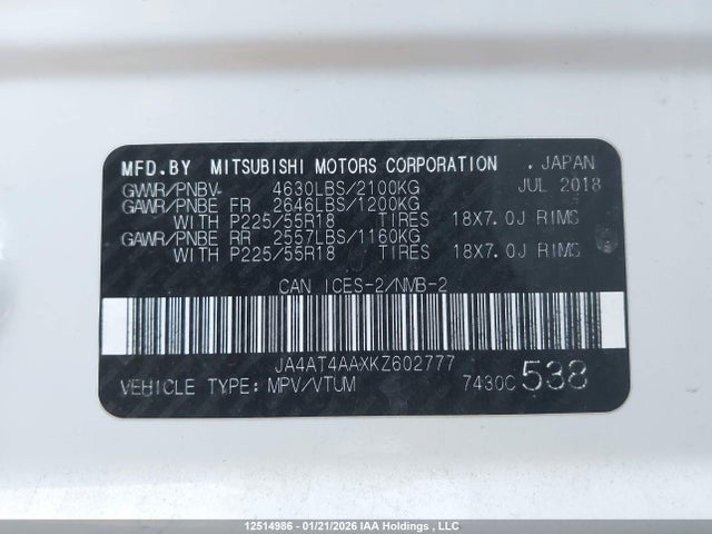 JA4AT4AAXKZ602777 Mitsubishi Eclipse Cross Gt/se