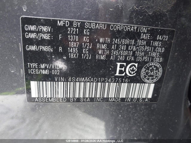 4S4WMAAD1P3437516 Subaru Ascent Convenience