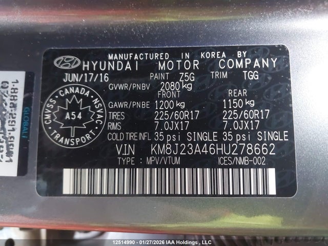 KM8J23A46HU278662 Hyundai TUCSON SE
