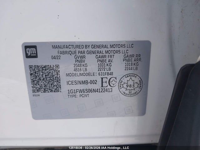 1G1FW6S06N4122413 Chevrolet Bolt Ev 1lt