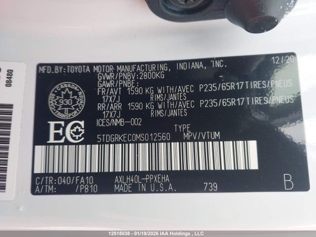 12515038 :رقم المزاد ، 5TDGRKEC0MS012560 vin ، 2021 Toyota Sienna Le/xle/xse/limited/platinum مزاد بيع