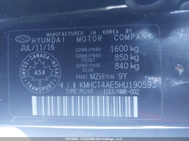 KMHCT4AE5HU190593 Hyundai ACCENT GL