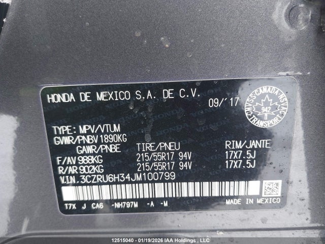 3CZRU6H34JM100799 Honda HR-V LX