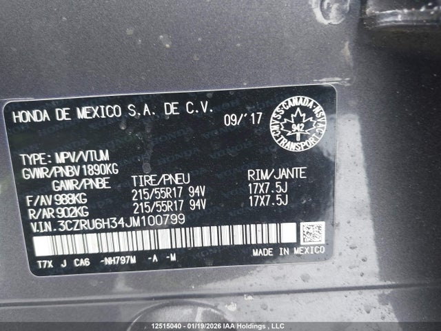 3CZRU6H34JM100799 Honda HR-V LX